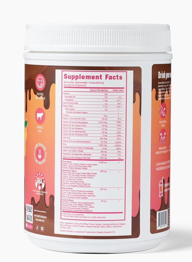 Lean Beauty Shake Protein Powder-Chocolate- Grass Fed Whey Protein, Hydrolyzed Collagen, Beauty Ingredients, Vitamins and Metabolism Support, No Sugars, All Natural, 20 Servings, Made in USA