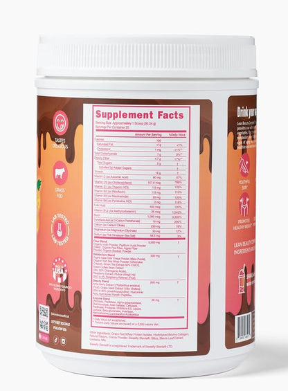 Lean Beauty Shake Protein Powder-Chocolate- Grass Fed Whey Protein, Hydrolyzed Collagen, Beauty Ingredients, Vitamins and Metabolism Support, No Sugars, All Natural, 20 Servings, Made in USA
