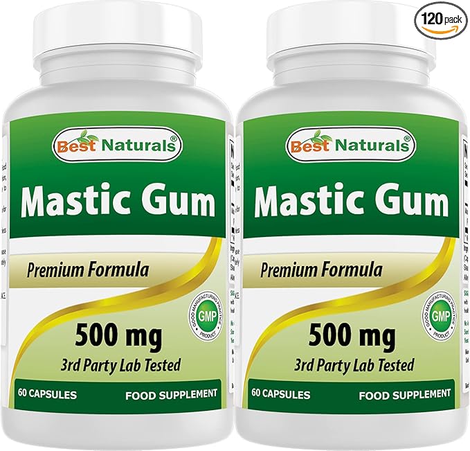 Best Naturals 2 Pack Mastic Gum Capsules 500 mg - 60 Count - (Non-GMO) (Gluten Free) - Promotes Healthy Stomach & Duodenal Health - (Total 120 Capsules)