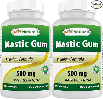 Best Naturals 2 Pack Mastic Gum Capsules 500 mg - 60 Count - (Non-GMO) (Gluten Free) - Promotes Healthy Stomach & Duodenal Health - (Total 120 Capsules)