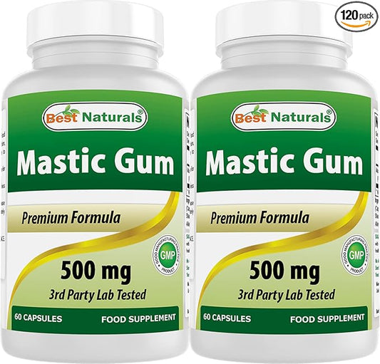 Best Naturals 2 Pack Mastic Gum Capsules 500 mg - 60 Count - (Non-GMO) (Gluten Free) - Promotes Healthy Stomach & Duodenal Health - (Total 120 Capsules)