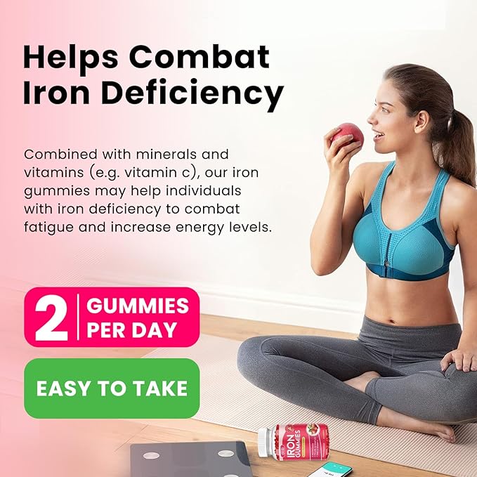 Iron Gummies with Multivitamin, Iron Supplement for Women & Men with Zinc, Vitamin B Complex & C, B12, Folate - Blood Builder & Energy Support for Adults & Kids - Strawberry Flavor, Vegan 60 Gummies