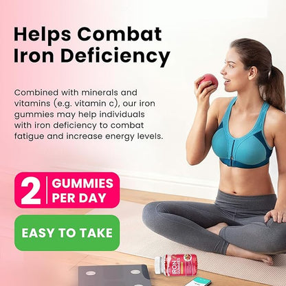 Iron Gummies with Multivitamin, Iron Supplement for Women & Men with Zinc, Vitamin B Complex & C, B12, Folate - Blood Builder & Energy Support for Adults & Kids - Strawberry Flavor, Vegan 60 Gummies