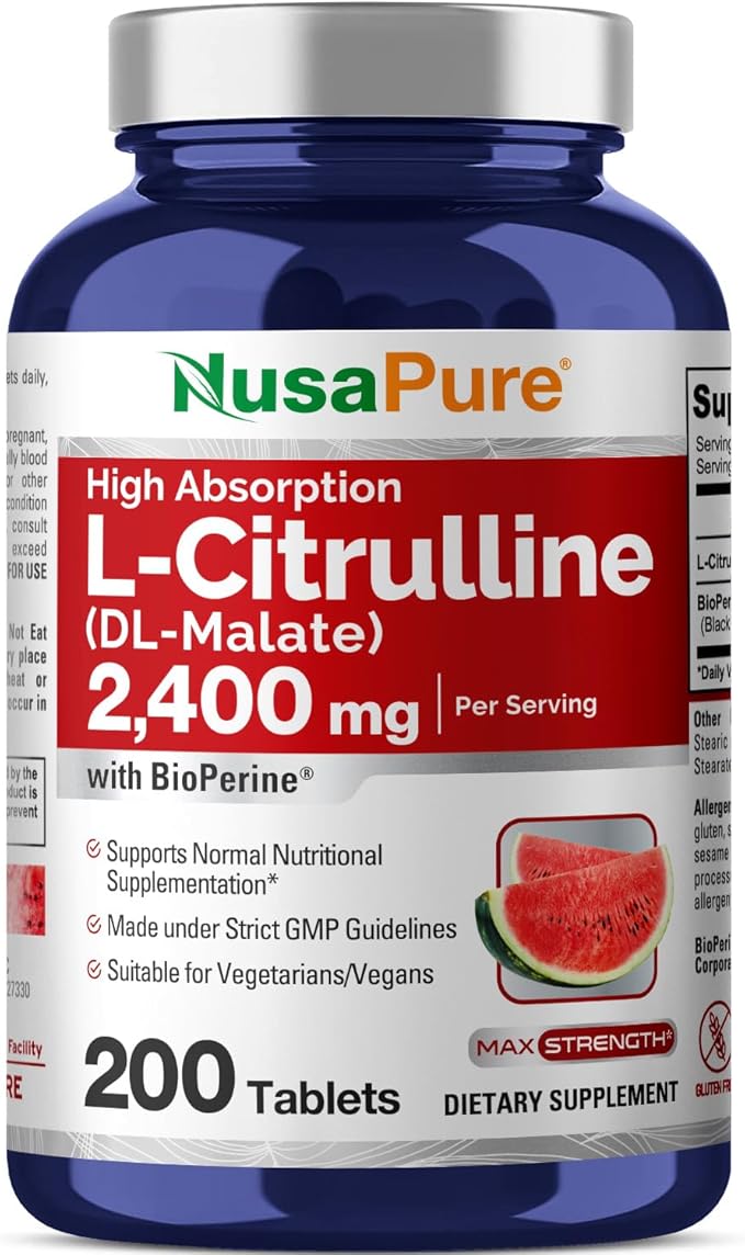 NusaPure L-Citrulline 2,400mg 200 Vegetarian Tablets (Non-GMO, Gluten Free, 100-Day Supply, Bioperine)