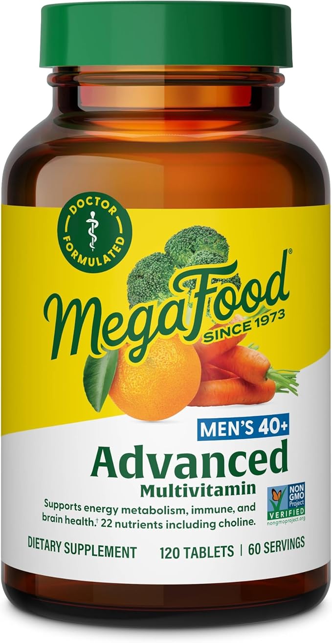 MegaFood Men's 40+ Advanced Multivitamin for Men - Dr-Formulated - Choline, Vitamin B, Vitamin C, Vitamin D, Zinc & Real Food - Brain Health, Immune Support - Vegetarian - 120 Tabs (60 Servings)