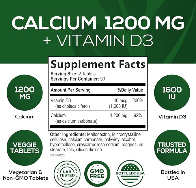 Calcium 1200 mg with Vitamin D3, Calcium Supplement Vitamins, Bone, Teeth & Immune Health Support, Calcium Supplements with D for Women & Men, Nature's Absorbable Calcium Carbonate - 180 Tablets