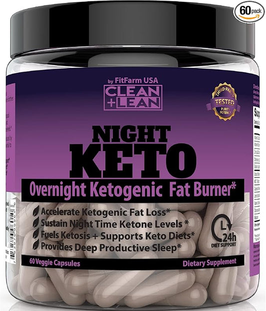 CLEAN+LEAN NIGHT KETO: First Ever Overnight Ketogenic Fat Burner & Sleep Aid | BHB Ketones + MCT Oil Extract + Vitamins & Minerals | 24 HR Diet Sleep Great Lose Weight | All Natural & GF | 60 Caps