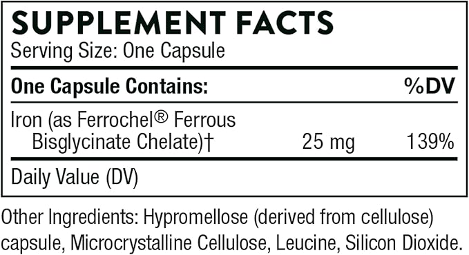 THORNE Iron Bisglycinate - 25 mg Iron Supplement for Enhanced Absorption Without Gastrointestinal Side Effects - NSF Certified for Sport - Gluten-Free - 60 Capsules