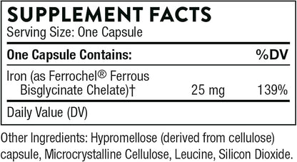 THORNE Iron Bisglycinate - 25 mg Iron Supplement for Enhanced Absorption Without Gastrointestinal Side Effects - NSF Certified for Sport - Gluten-Free - 60 Capsules