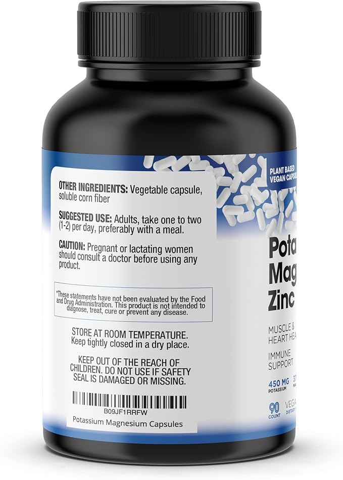 Magnesium Potassium Supplements w/Zinc - 90 Capsules (Pack of 2 Bottles)