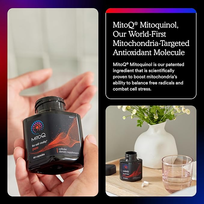 MitoQ Pure Mitochondria-targeted Antioxidant Supplement | Reducing Free Radical Damage & Oxidative Stress | Supports Cellular Longevity, Metabolic Health, Healthier Aging, and Energy (60 Capsules)