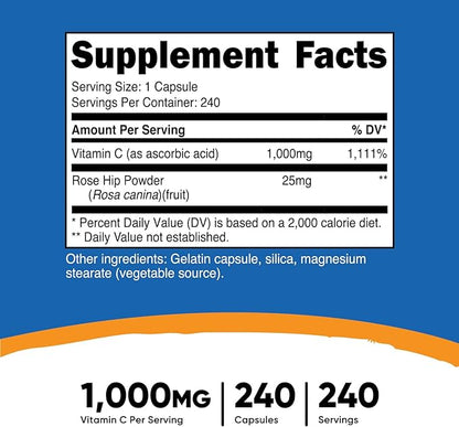 Nutricost Vitamin C with Rose HIPS 1025mg, 240 Capsules - Vitamin C 1,000mg, Rose HIPS 25mg, Premium, Non-GMO, Gluten Free Supplement