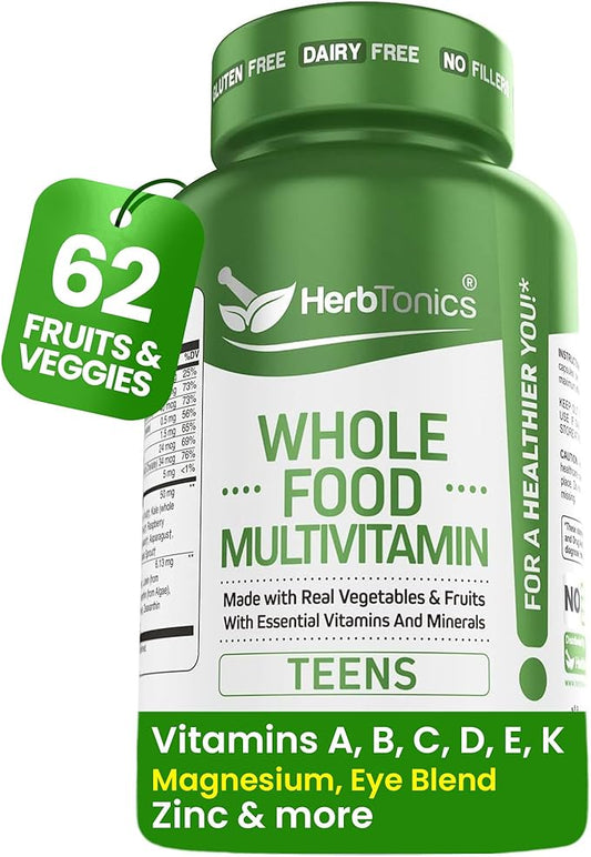 Herbtonics Whole Food Multivitamin for Teens | Essential Vitamins and Minerals Supplement for Teenage Boys & Girls | 62 Plant-Based Superfoods, Raw Veggies & Fruit Complex | Non-GMO Vegan 60 Capsules