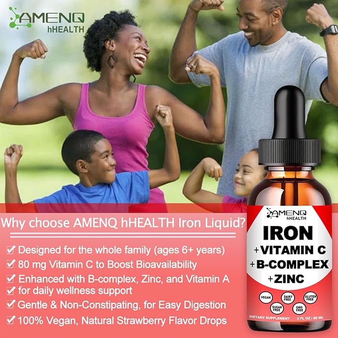 Liquid Iron Supplement w/Vitamin C, A, B-Complex, Vegan Iron Drops High Potency Liquid Vitamin & Iron Supplements for Women, Men & Children -Support Red Blood Cell, Energy, Anemia & Fatigue