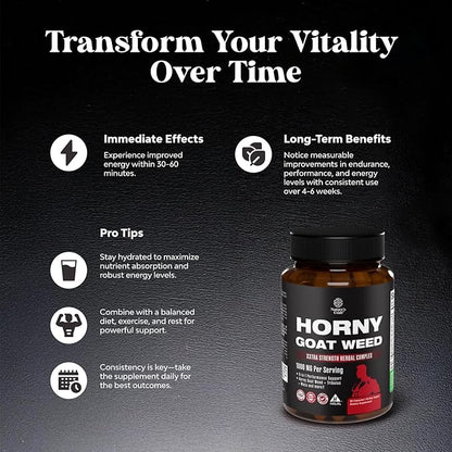 Horny Goat Weed for Male Enhancement - Extra Strength Horny Goat Weed for Men 1000mg per serving Complex with Tongkat Ali Saw Palmetto Extract Panax Ginseng and Black Maca Root for Stamina & Energy