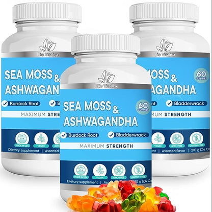 Sea Moss Ashwagandha Gummies - Organic Irish Seamoss & Ashwa Root Powder Supplements for supporting Energy & Immunity for Men and Women