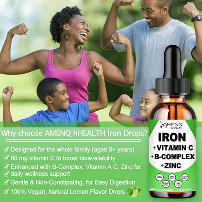 Iron Supplement for Women, Men & Kids, Liquid High Potency Iron w. Vitamin C, B12, B-Complex, Blood Builder Iron Supplement for Anemia, Fatigue, Red Blood Cell Support, Vegan Iron Drops, Gentle