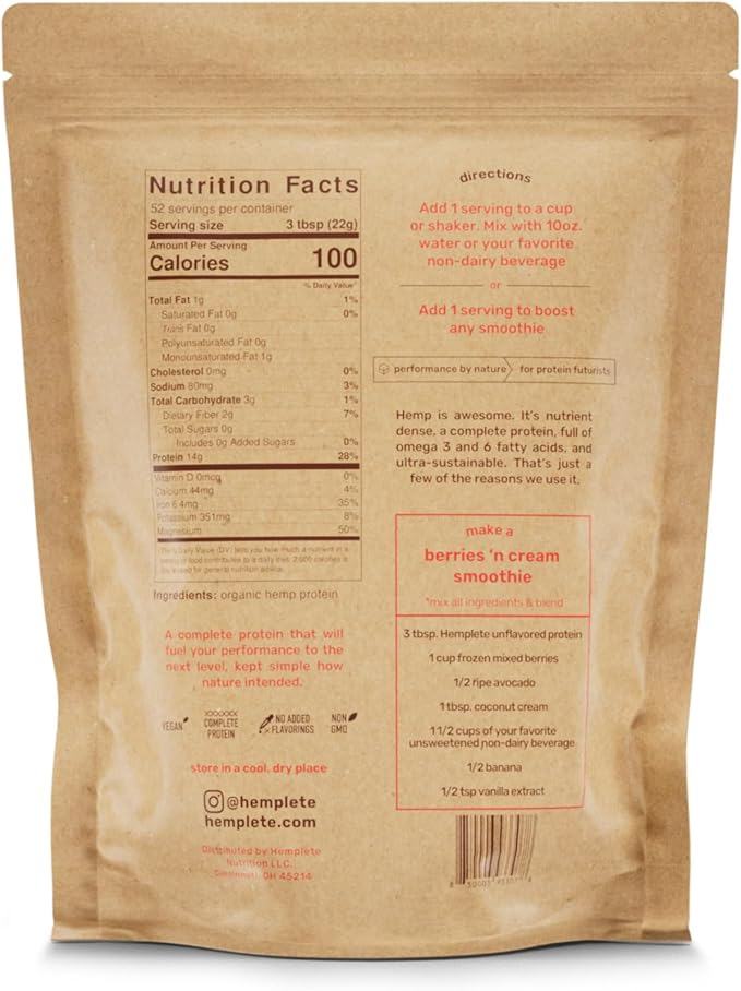 Organic Hemp Heart Unflavored Vegan Protein Powder, Plant-Based for Balanced Nutrition, All-Natural, 1 Ingredient, No Artificial Ingredients, Easy to Digest & Mix (40oz)