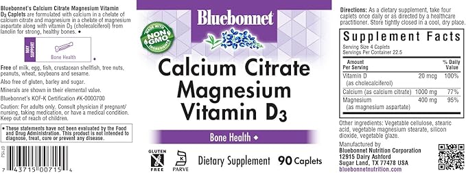 Bluebonnet Nutrition Calcium Citrate Magnesium Plus Vitamin D3 Caplets, Bone Health & Muscle Relaxation, Non GMO, Gluten, Soy & Milk Free, Kosher, White, 90 Count