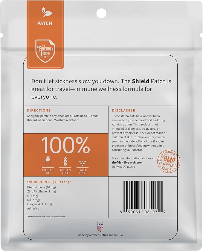 The Friendly Patch Shield Immunity Support Patch | Wearable Immune Boosters for Adults with Vitamin D3, C and Zinc | 28 Immunity Boost Patches