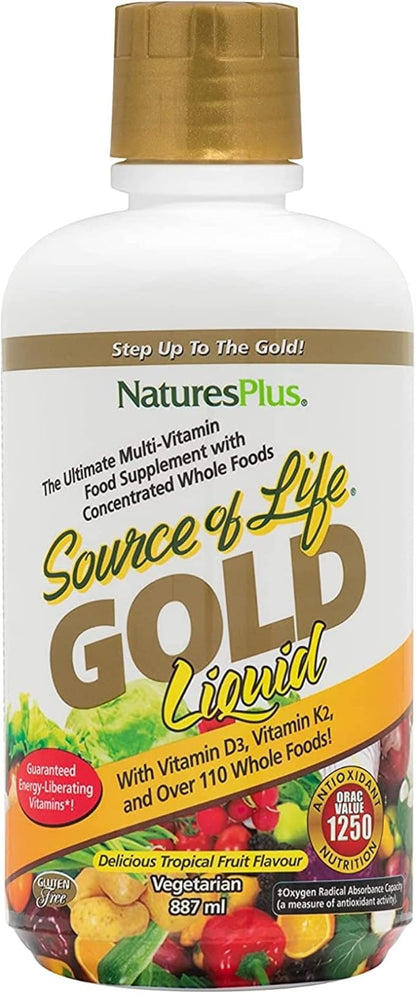 Natures Plus Source of Life Gold Multivitamin Liquid - 30 oz - with Vitamins D3, B12 & K2 - Blood, Bone & Immune Support - Vegetarian & Gluten Free - 30 Servings