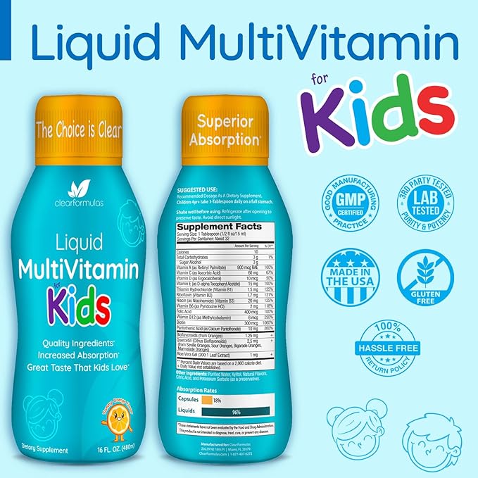 Sugar Free Liquid Multivitamin for Kids - High Absorption Kids Liquid Multivitamin with Vitamins A C D E & B Complex plus Quercetin Immune Support Complex - 3rd Party Tested - Orange Flavor (1 Month)