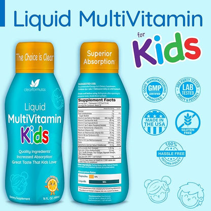 Sugar Free Liquid Multivitamin for Kids - High Absorption Kids Liquid Multivitamin with Vitamins A C D E & B Complex plus Quercetin Immune Support Complex - 3rd Party Tested - Orange Flavor (1 Month)