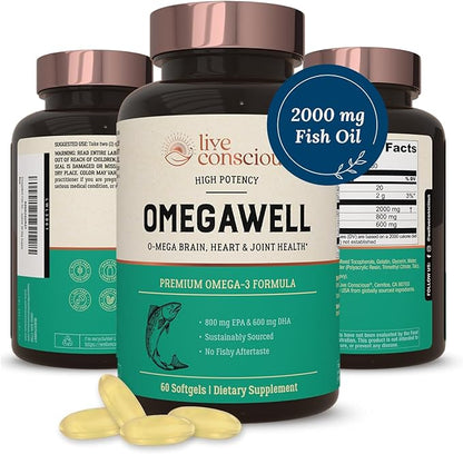 OmegaWell Omega 3 Fish Oil - 2000mg Capsules: Heart, Brain, & Joint Support - 800 mg EPA 600 mg DHA - Sustainably Sourced - Omega 3 Fish Oil Mini Softgels - 30 Day Supply