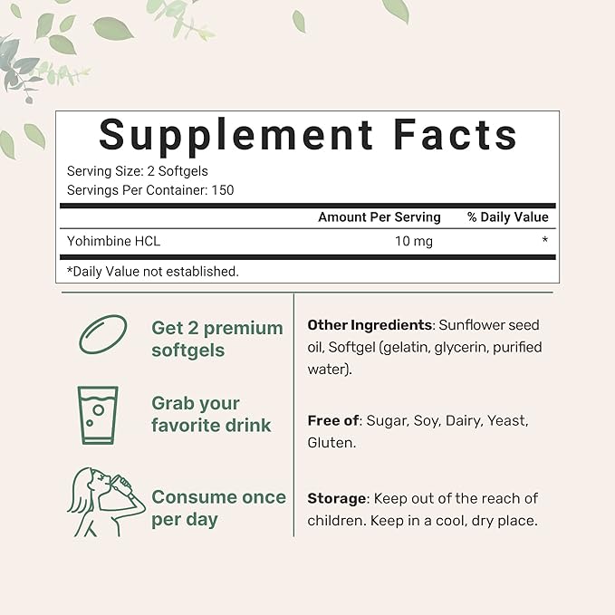 Double Strength Yohimbine Supplements for Men and Women, 10mg Per Serving, 300 Softgels, Yohimbine HCL with Virgin Sunflower Seed Oil for Better Absorption, Supports Energy Production, African Raw