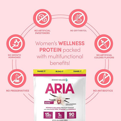 Designer Wellness, Aria, Women's Wellness Low Calorie Vanilla Protein Powder with Biotin, Vitamin C and Organic Aloe, Vanilla Blossom, 1.85 Pound
