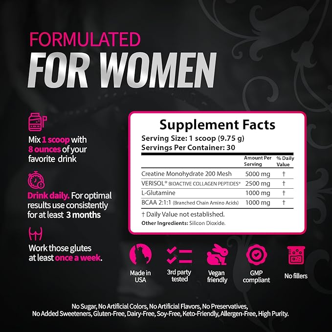Creatine for Women | Booty Gain & Cellulite Reduction Powder Supplement | Bloating Free, No Filler, Vegan, Made in USA (Unflavored, 30 Servings) - 292.5g [Lid Color May Vary]