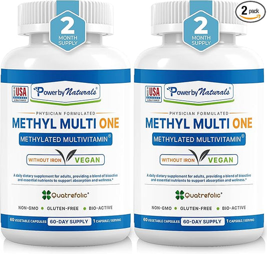 Power By Naturals Methyl Multi One - Methylated Multivitamin with Methylfolate & Methyl B12 for MTHFR Maintenance, 120 Capsules, 4 Month Supply, Made in USA (Packaging May Vary)