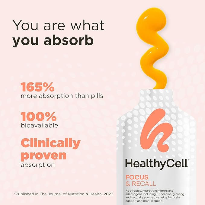 Healthycell Focus & Recall - Brain Supplement for Focus and Memory - Liquid Nootropics Supplement for Concentration & Alertness - L-theanine, Omega-3 - Maximum Absorption - 30 Gel Packs