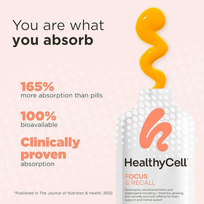 Healthycell Focus & Recall - Brain Supplement for Focus and Memory - Liquid Nootropics Supplement for Concentration & Alertness - L-theanine, Omega-3 - Maximum Absorption - 30 Gel Packs