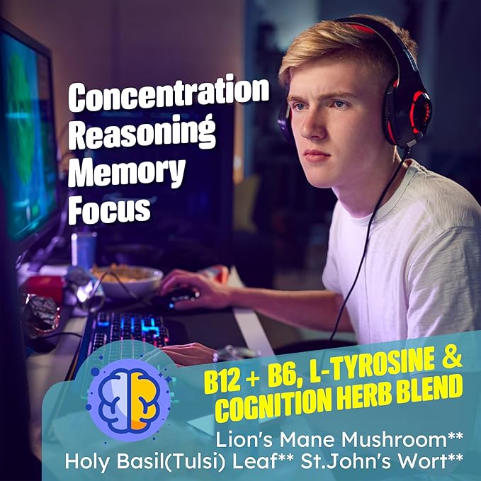 Focus Memory & Energy Gummies, L-Tyrosine + Methyl B12 1000mcg, B6 50mg, D3 C, Lion's Mane Mushroom, for 15+ Students, Office Worker, Multivitamin, Herb Blend for Seniors Brain & Cognition, Sugar Free