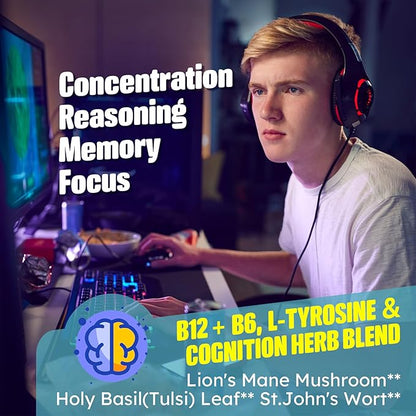 Focus Memory & Energy Gummies, L-Tyrosine + Methyl B12 1000mcg, B6 50mg, D3 C, Lion's Mane Mushroom, for 15+ Students, Office Worker, Multivitamin, Herb Blend for Seniors Brain & Cognition, Sugar Free