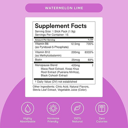 Menopause - Menopause Support Drink Mix - Women's Menopause Supplements - Hormone Balance Multivitamin - With Maca Root & Black Cohosh - Sugar Free - Vegan - 15 Drink Packets - Watermelon Lime