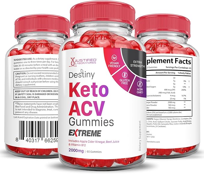 (3 Pack) Destiny Keto ACV Gummies Extreme 2000MG Destiny Keto Gummies Advanced Formula Apple Cider Vinegar with Pomegranate Beet Juice Powder B12 Vegan Non GMO 180 Gummys