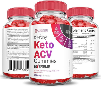 (3 Pack) Destiny Keto ACV Gummies Extreme 2000MG Destiny Keto Gummies Advanced Formula Apple Cider Vinegar with Pomegranate Beet Juice Powder B12 Vegan Non GMO 180 Gummys