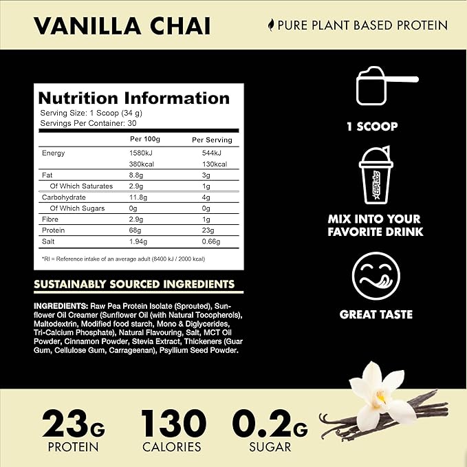 Blessed Vegan Protein Powder - Plant Based Protein Powder Meal Replacement Protein Shake, 23g of Pea Protein Powder, Dairy Free, Gluten Free, Soy Free, No Sugar Added, 30 Servings (Vanilla Chai)
