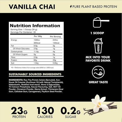 Blessed Vegan Protein Powder - Plant Based Protein Powder Meal Replacement Protein Shake, 23g of Pea Protein Powder, Dairy Free, Gluten Free, Soy Free, No Sugar Added, 30 Servings (Vanilla Chai)