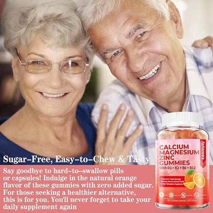 Sugar Free Calcium Magnesium Zinc Supplement Gummies with Vitamin D3 & B12 for Women and Men High Absorption Calcium Magnesium Supplement for Bone & Teeth Strength, Muscle & Immune (120 Counts)