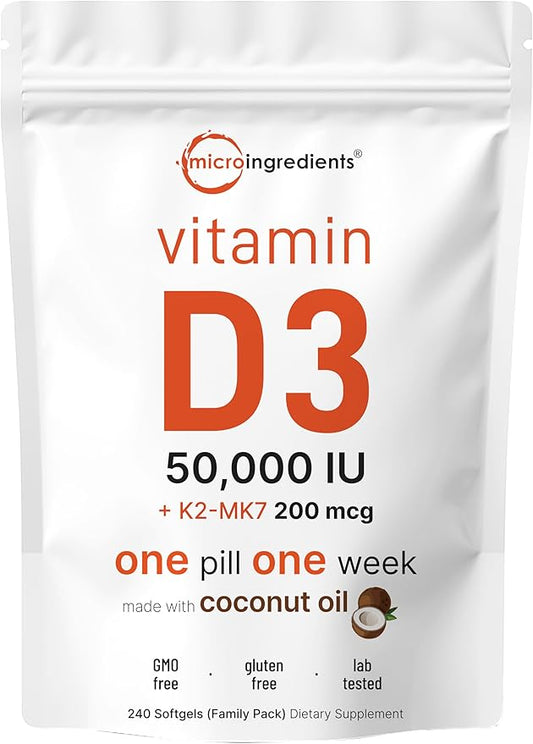 Micro Ingredients Vitamin D3 50,000 IU Plus K2 (MK-7) 200 mcg, 240 Virgin Coconut Oil Softgels | 2 in 1 Vitamins D & K Complex | Supports Calcium Absorption, Bone, Immune, & Heart Health