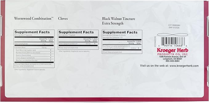 Kroeger Herb, Wormwood Herb Supplement Kit, Black Walnut, Clove, Quassia, Worm Wood Detox Cleanse - Capsules, Non-GMO, Gluten Free, No Preservatives or Fillers, Made in USA