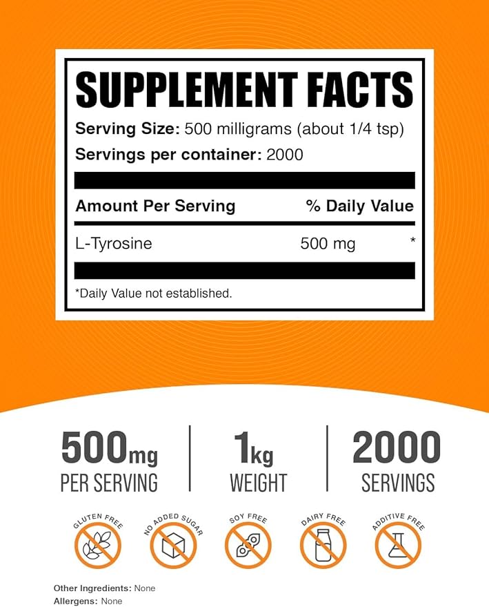 BulkSupplements.com L-Tyrosine Powder -Tyrosine Supplement, Tyrosine Powder, Tyrosine 500mg - Amino Acid Supplement, Unflavored & Gluten Free - 500mg per Serving, 1kg (2.2 lbs) (Pack of 1)