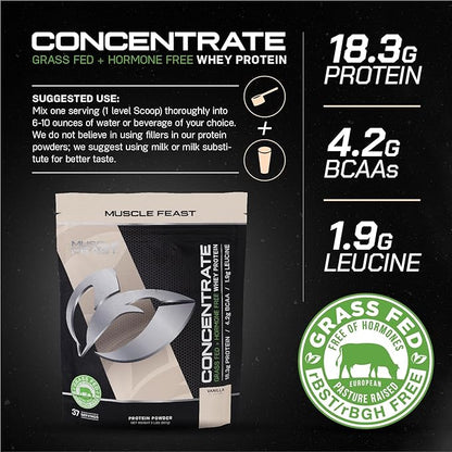 Muscle Feast Grass-Fed Whey Protein Concentrate Powder, All Natural Hormone Free Pasture Raised, Vanilla, 2lb