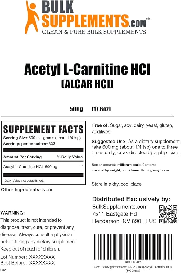 BulkSupplements.com Acetyl L-Carnitine Powder - ALCAR Powder, Acetyl L-Carnitine 1500mg, Carnitine Supplement - Gluten Free, 1500mg per Serving, 500g (1.1 lbs) (Pack of 1)