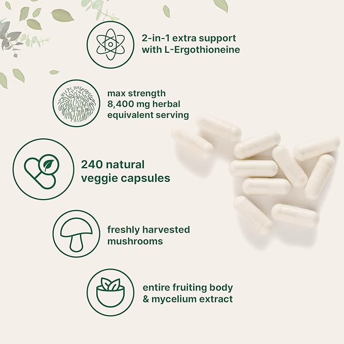 Lions Mane Supplement 8,400 mg Equivalent | 240 Veggie Capsules with L-Ergothioneine | Superfood Mushroom Antioxidants for Healthy Aging & Cognitive Support | Non-GMO