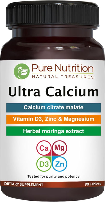 Pure Nutrition Ultra Calcium Citrate 1000mg Highly absorbable Calcium Supplement with Calcium Citrate Malate, Vitamin D, Zinc and Magnesium - 1 Tablet Daily (90 Veg Tabs) Non-GMO | Gluten-Free