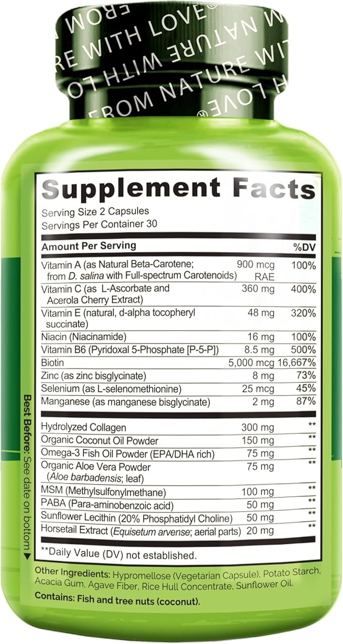 NATURELO Hair, Skin and Nails Vitamins - 5000 mcg Biotin, Collagen, Natural Vitamin E - Supplement for Healthy Skin, Hair Growth for Women and Men – 60 Capsules